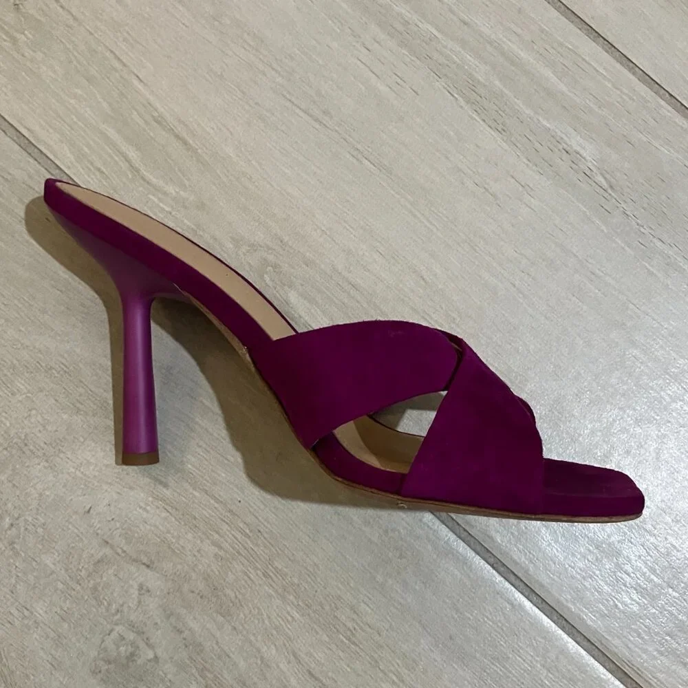 Veronica Beard Alsea Raspberry Pink Suede Mule Heels Square Toe Sandals Sz 8.5